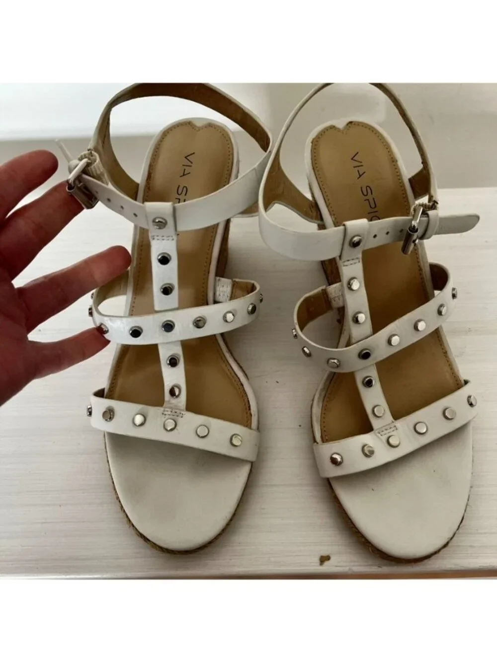 Via Spiga Womens 8.5 White Studded Espadrille Wedge Sandals Vacation Resort